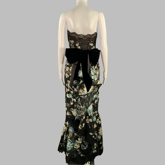MARCHESA 4 Black Sage Gold Abstract Floral Jacquard Strapless Long Evening Gown - Picture 4 of 8